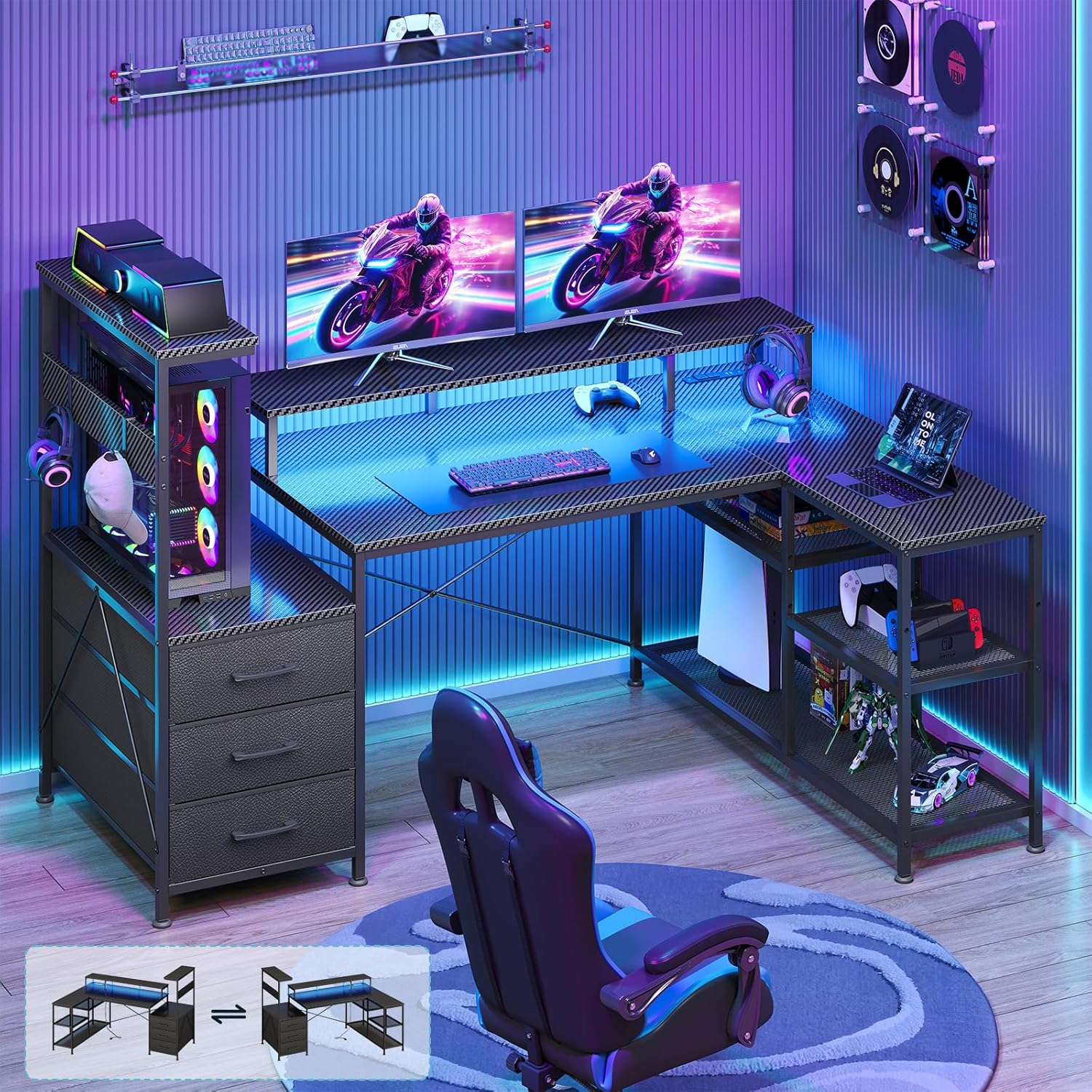 Pc Gaming Center - L Shaped Gaming Desk with Drawers
