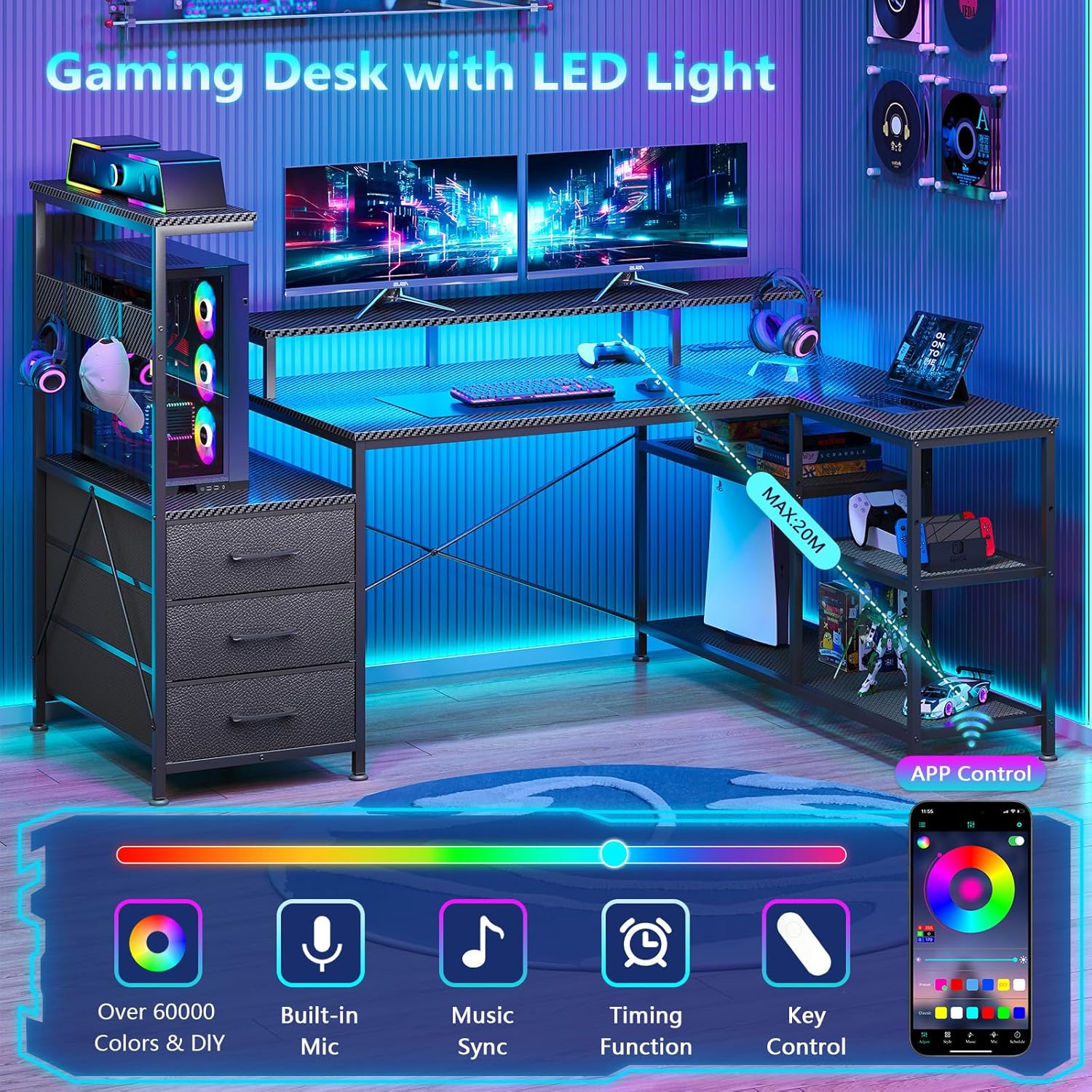 L Shaped Gaming Desk with Draw - Pc Gaming Center review and price